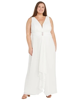 R & M Richards Plus Plunge-Neck Chiffon Jumpsuit