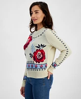 Style & Co Petite Floral Whimsy Crewneck Knit Sweater, Created for Macy's