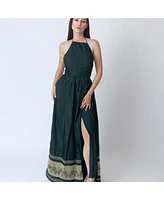 Raas Women's Green Silk Maxi Dress with Golden Weaving Border