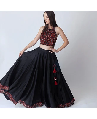 Raas Women's Full Flare Palazzo Pants with Hand Embroidered Halter Crop Top