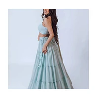 Raas Women's Shimmer Sky Blue Tiered Skirt with Blouse and Dupatta