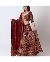 Raas Women's Hand Embroidered Red Silk Lehenga Choli with Sleeves