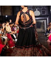 Raas Women's Black Lehenga with Ajrakh Print on the Hem and Hand Embroidered Blouse