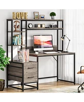 Tribesigns 55 Inch Computer Desk with 2 Drawers and Storage Shelves, Rustic Office Hutch, Study Writing Gaming Table Laptop Workstation for