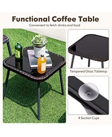 Costway 3 Pcs Patio Rattan Furniture Set with Tempered Glass Tabletop Wicker Seat