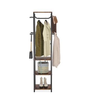 Tribesigns Coat Rack Freestanding with Shelves, Industrial Hall Tree with 4 Shelves and 8 Hooks, Standing Small Clothes Rack Closet Organizer for Entr