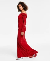 B Darlin Juniors' Metallic Shirred Off-The-Shoulder Gown