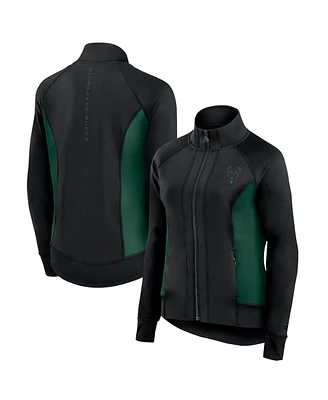 Fanatics Women's Black Milwaukee Bucks Studio Fitted Full-Zip Gym Track Jacket