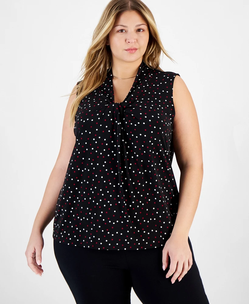 Kasper Plus Dot-Print Knit-Front Sleeveless Top