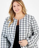 Kasper Plus Tweed Open-Front Collarless Cardigan