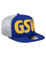New Era Men's Royal Golden State Warriors Puff Print Team Code A-Frame 9FIFTY Trucker Snapback Hat