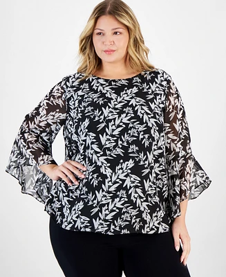 Kasper Plus Size Printed Crewneck Ruffle-Sleeve Blouse