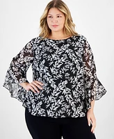 Kasper Plus Size Printed Crewneck Ruffle-Sleeve Blouse