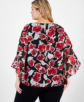 Kasper Plus Floral-Print Ruffle-Sleeve Blouse