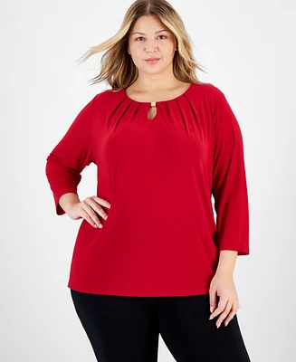 Kasper Plus Size Pleated Keyhole 3/4-Sleeve Blouse