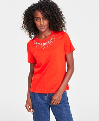 On 34th Women's Embellished-Neck T-Shirt, Created for Macy's