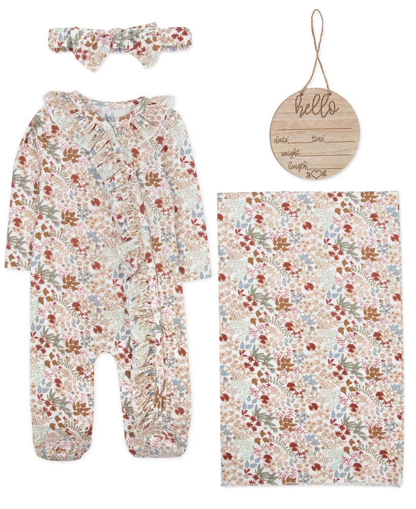 Baby Essentials Baby Girl Floral Footie, Swaddle, Headband & Wood Sign, 4-Piece Set