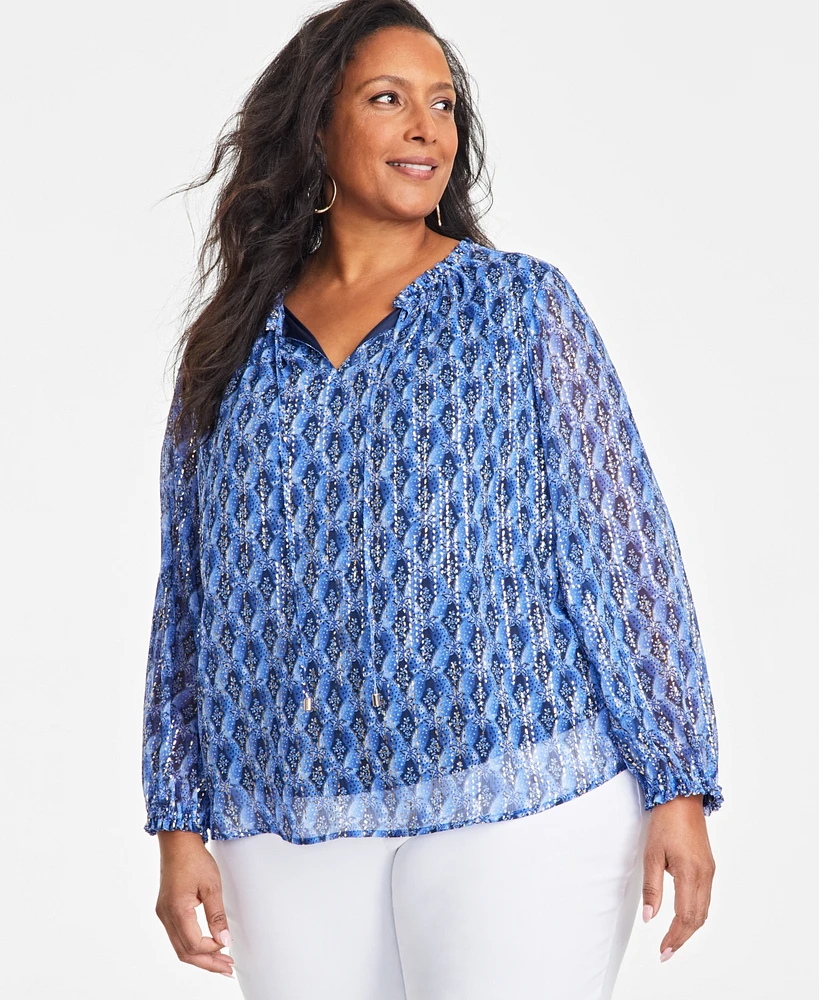 Jm Collection Plus Printed Split-Neck Blouse, Exclusively at Macy's