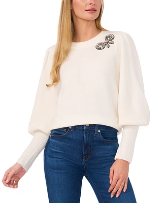 CeCe Women's Rhinestone Bow Crew Neck Sweater