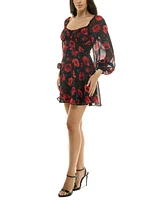 B Darlin Juniors' Floral-Print Sheer-Sleeve A-Line Dress