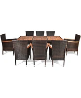 Sugift 9 Pieces Rattan Dining Set with Acacia Wood Table and Stackable Cushioned Chairs
