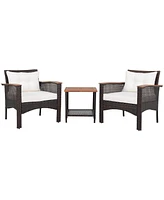 Vebreda 3 Pieces Patio Rattan Furniture Set with Acacia Wood Tabletop