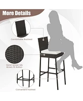 Set of 2 Patio Wicker Barstools with Seat Cushion and Footrest