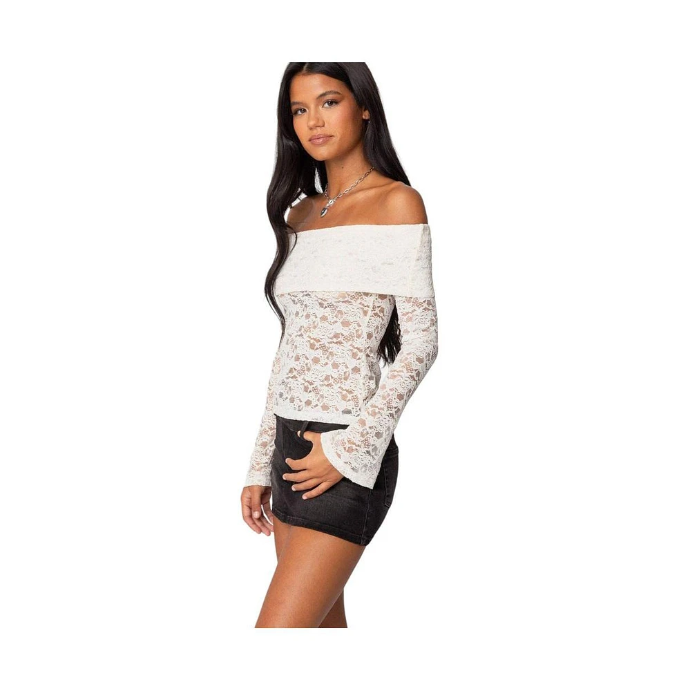 Edikted Women's Ashley Off Shoulder Sheer Lace Top