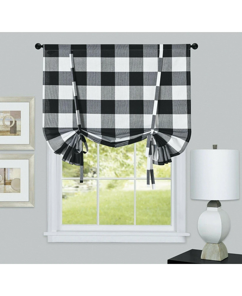 Kate Aurora Country Farmhouse Buffalo Plaid Gingham Single Tie Up Window Curtain Shades - 42 in. W x 63 in. L, Black