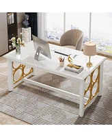 Tribesigns 63-Inch Executive Desk, Large Computer Office Desk with White Glossy Tabletop & Stylish Gold Circle Decor, Modern Laptop Desk Study Writing