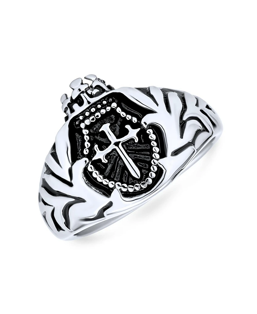 Bling Jewelry Religious Crown Viking Knight Shield Maltase Fleur De Lis Cross Signet Ring Oxidized Silver Tone Stainless