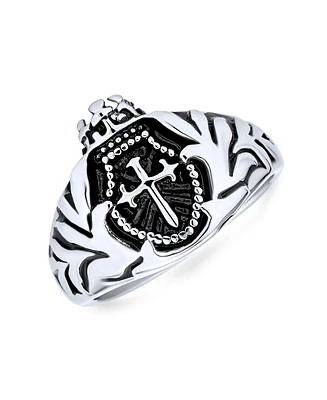 Bling Jewelry Religious Crown Viking Knight Shield Maltase Fleur De Lis Cross Signet Ring Oxidized Silver Tone Stainless