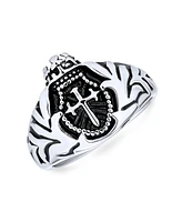 Bling Jewelry Religious Crown Viking Knight Shield Maltase Fleur De Lis Cross Signet Ring Oxidized Silver Tone Stainless