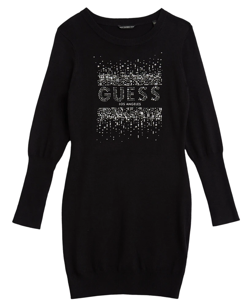 Guess Big Girls Long Sleeve Rhinestone Logo Sweater Dress