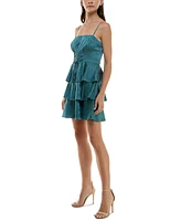 Trixxi Juniors' Bow Lace-Up Square-Neck Tiered Satin Dress