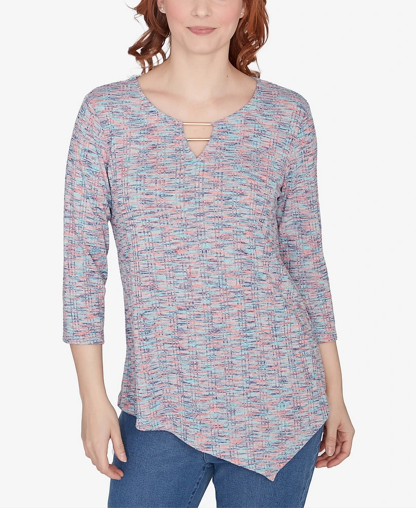 Ruby Rd. Petite Scoop Neck Spacedye Knit Top with Bar Detail