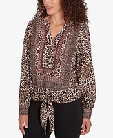 Ruby Rd. Petite Split Neck Embellished Animal Placement Print Tie Front Top