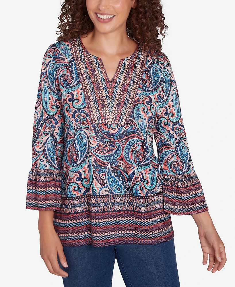 Ruby Rd. Petite Embellished Placket Paisley Print Slub Jersey Top