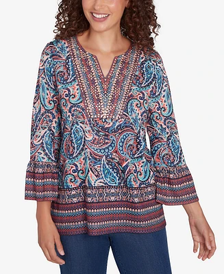 Ruby Rd. Petite Embellished Placket Paisley Print Slub Jersey Top