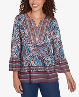 Ruby Rd. Petite Embellished Placket Paisley Print Slub Jersey Top