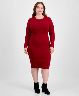 Madden Girl Trendy Plus Size Crewneck Ottoman-Stitch Midi Dress