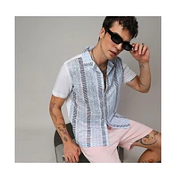 Men's Sky Blue & Midnight Black Fish Eye Ethnic Shirt