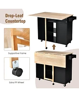 Sugift Drop-Leaf Kitchen Island Cart with Rubber Wood Top