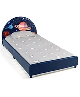 Kids Upholstered Platform Bed Children Twin Size Wooden Bed Galaxy Pattern