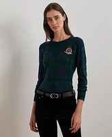 Lauren Ralph Women's Black Watch Plaid Beaded-Crest Sweater