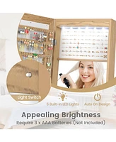 Givimo Freestanding Lockable Jewelry Armoire with Full-Length Mirror and 6 Led Lights-Natural