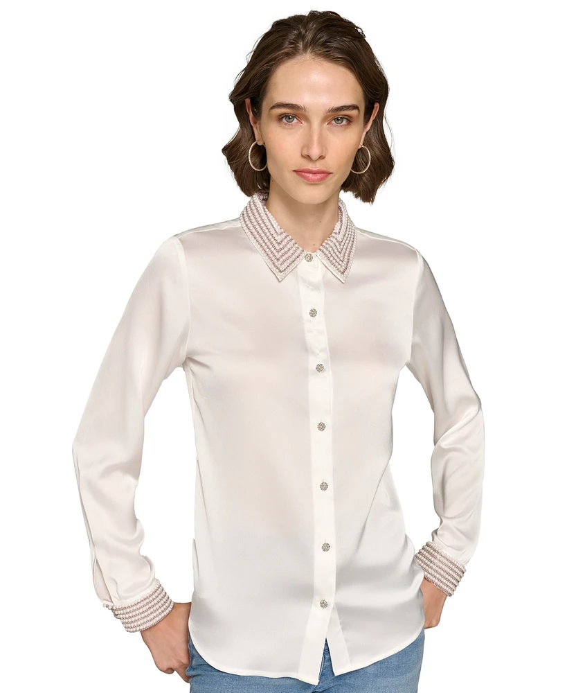 Karl Lagerfeld Paris Women's Satin Pearl-Embellished Button-Down Top