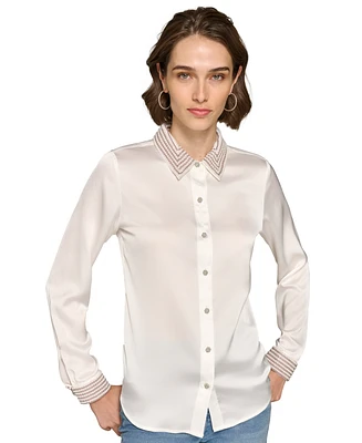 Karl Lagerfeld Paris Women's Satin Pearl-Embellished Button-Down Top