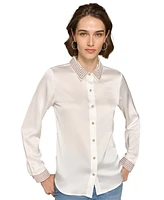 Karl Lagerfeld Paris Women's Satin Pearl-Embellished Button-Down Top