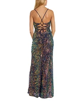 Morgan & Company Juniors' Sequin Drape-Neck Sleeveless Gown